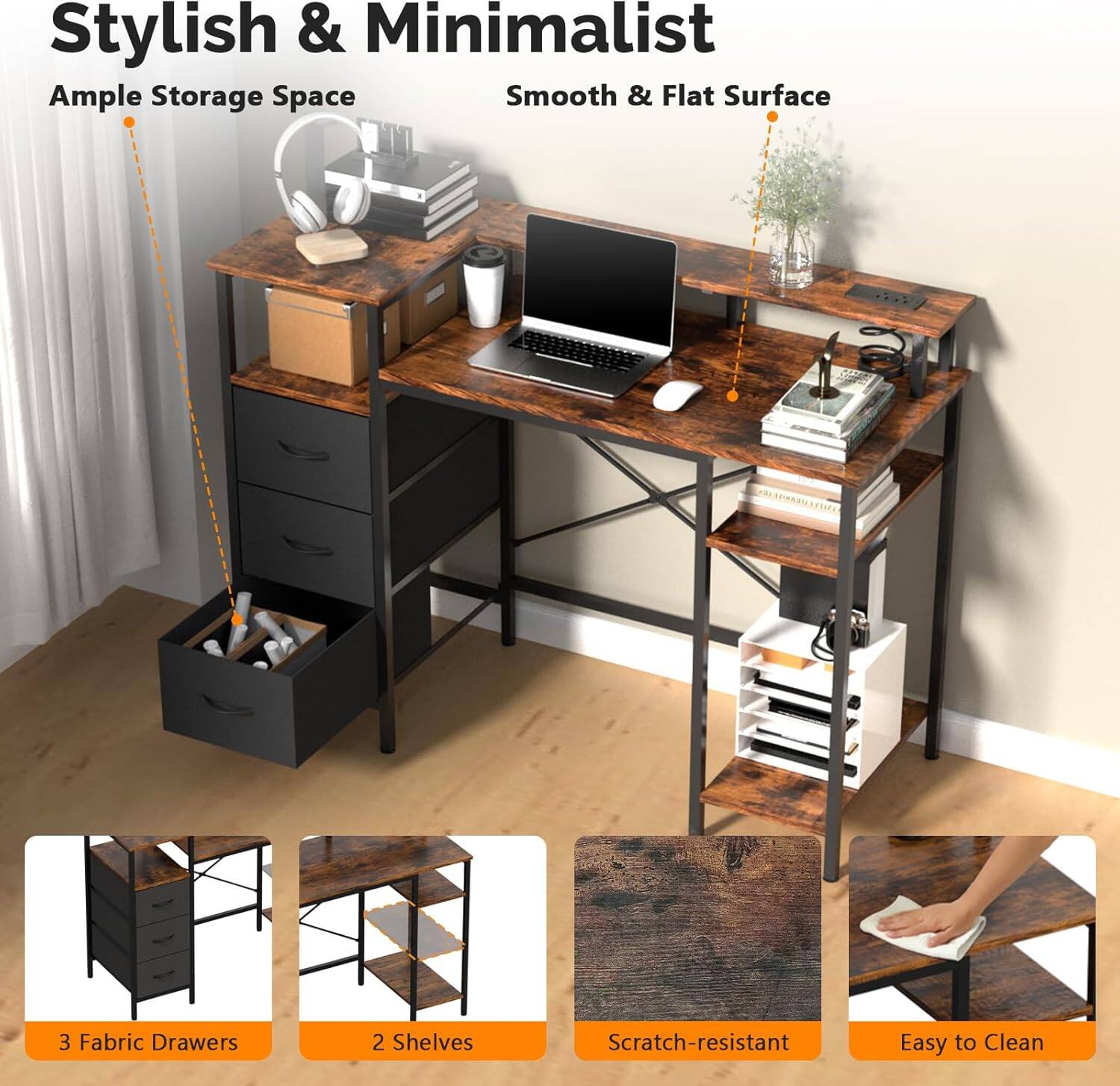 Stylish & Minimalist  
Ample Storage Space  
Smooth & Flat Surface  
3 Fabric Drawers  
2 Shelves  
Scratch-resistant  
Easy to Clean