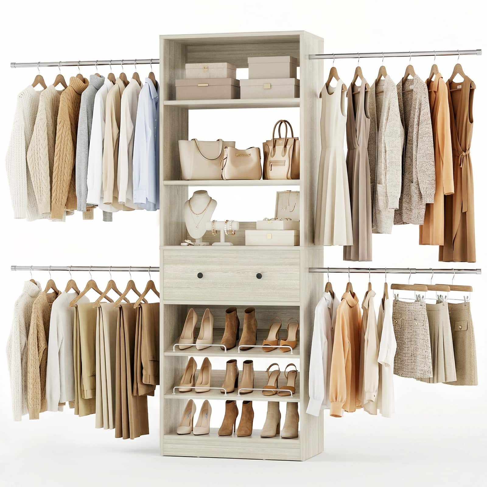 Aheaplus - 21.5'' - 117.7'' Adjustable Closet System with Drawer, Comes with 4 Hanging Rods and Adjustable Shelves - Beige Oak price history on PriceWatchPro