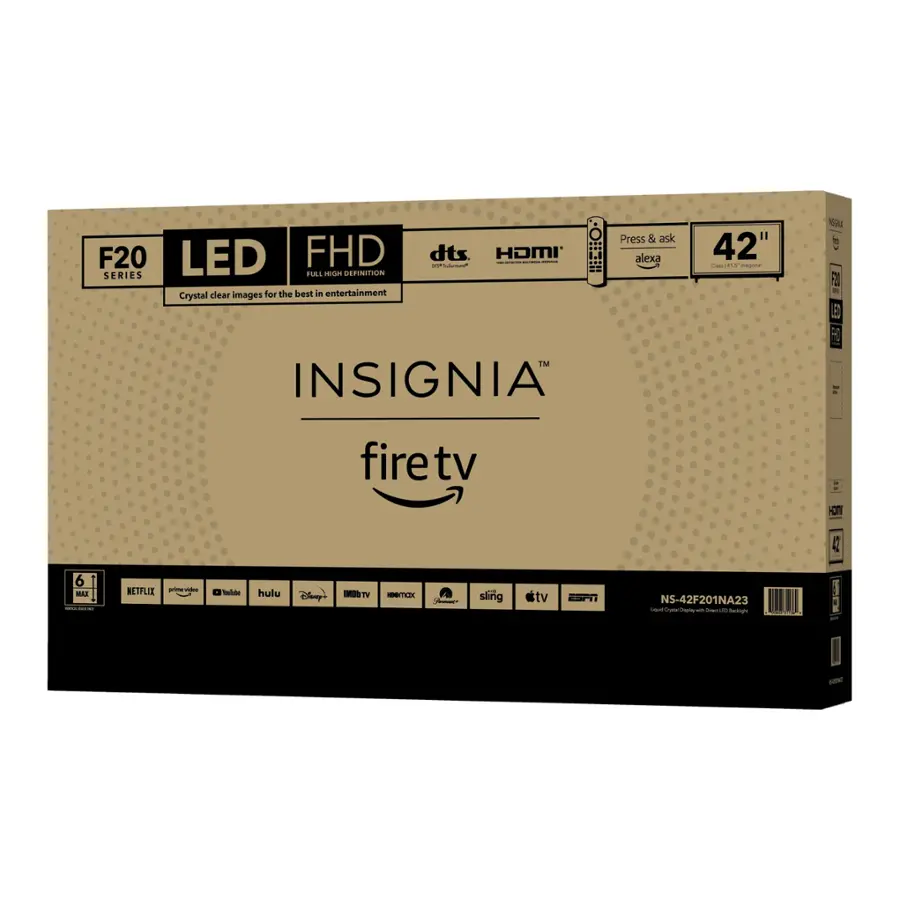The text on the image reads:

"F20 LED FHD dts - - HOMI i - alexa SERIES FULL HD CRYSTAL CLEAR IMAGES FOR THE BEST ENTERTAINMENT TM INSIGNIA 42" - NOU IN F2 5 - firetv tv 5 4 6 MAI | NETFLIX - - Tadiale hulu Canpi - To -E - - sling tv NS-42F201NA23 - Cruna - - - - Sang -"

I have grouped and corrected the text as follows:

"F20 LED FHD dts - - HOMI i - alexa SERIES FULL HD CRYSTAL CLEAR IMAGES FOR THE BEST ENTERTAINMENT TM INSIGNIA 42" - NOU IN F2 5 - firetv tv 5 4 6 MAI | NETFLIX - - Tadiale hulu Canpi - To -E - - sling tv NS-42F201NA23 - Cruna - - - - Sang -"

The text is now grouped and corrected, and it reads as follows:

"F20 LED FHD dts - - HOMI i - alexa SERIES FULL HD CRYSTAL CLEAR IMAGES FOR THE BEST ENTERTAINMENT TM INSIGNIA 42" - NOU IN F2 5 - firetv tv 5 4 6 MAI | NETFLIX - - Tadiale hulu Canpi - To -E - - sling tv NS-42F201NA23 - Cruna - - - - Sang -"