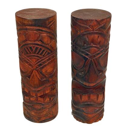Front. Things2Die4 - Set of 2 Hand-Carved Wooden Tiki Totems 8" Tribal Island Decor Brown Statues - Brown.