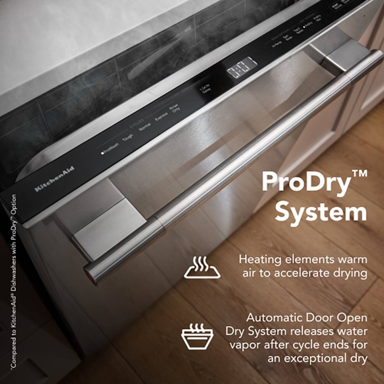 Compared to KitchenAid dishwashers with ProDry Option, ProDry System Heating elements warm air to accelerate drying. Automatic Door Open Dry System releases water vapor after cycle ends for an exceptional dry.
