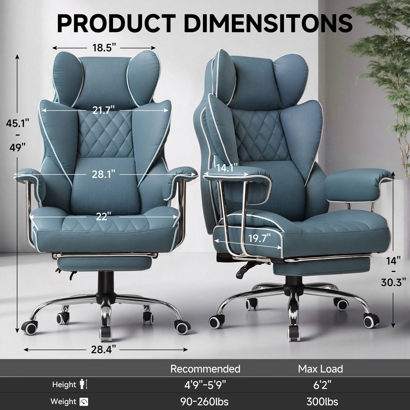 PRODUCT DIMENSIONS  
18.5" 45.1" 21.7" 49" 28.1" 14.1" 22" 19.7" 14" - 30.3" 28.4"  

Recommended  
Height: 4'9"-5'9"  
Weight: 90-260lbs  

Max Load  
Height: 6'2"  
Weight: 300lbs