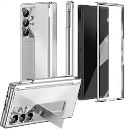 Dteck - For Samsung Galaxy Z Fold 7 Aluminum Alloy Shockproof Rugged Case Screen Protector Kickstand Hinge Cover with 2 Hinges - Silver
