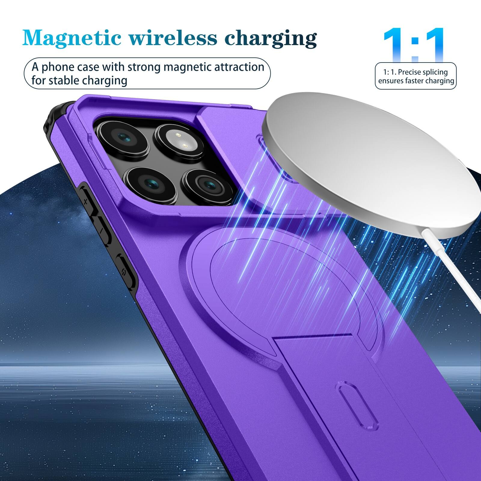 Magnetic wireless charging

A phone case with strong magnetic attraction for stable charging

1:1

1:1. Precise splicing ensures faster charging