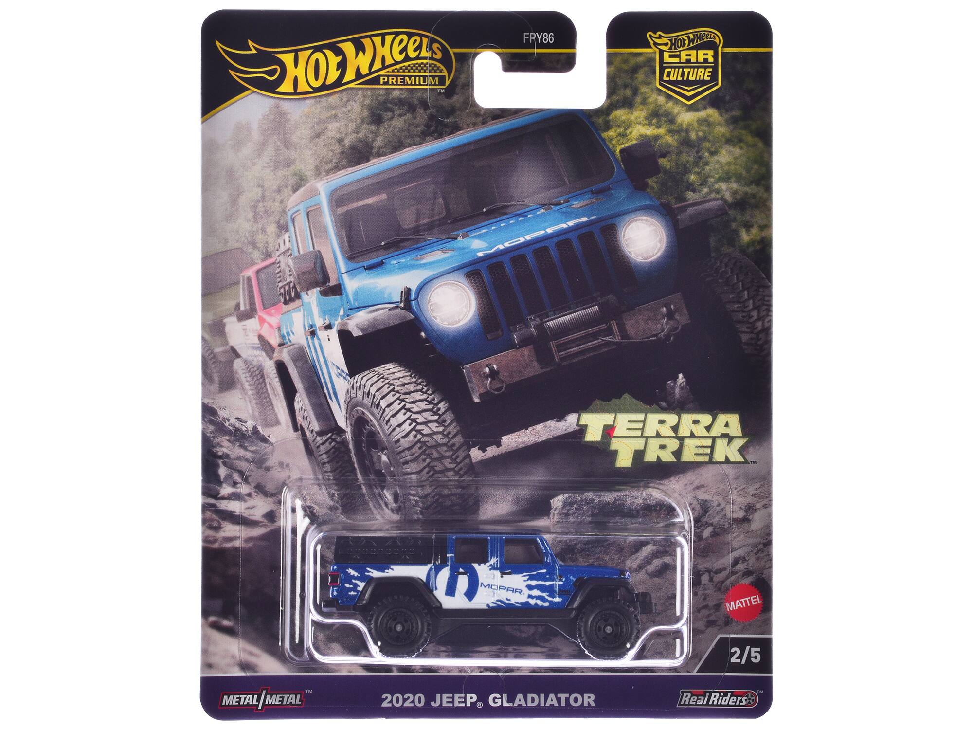 Hot Wheels  
Premium  
Terra Trek  
2020 Jeep Gladiator  
Real Riders  
Metal/Metal  
Car Culture  
2/5  
Mattel  
FRY86
