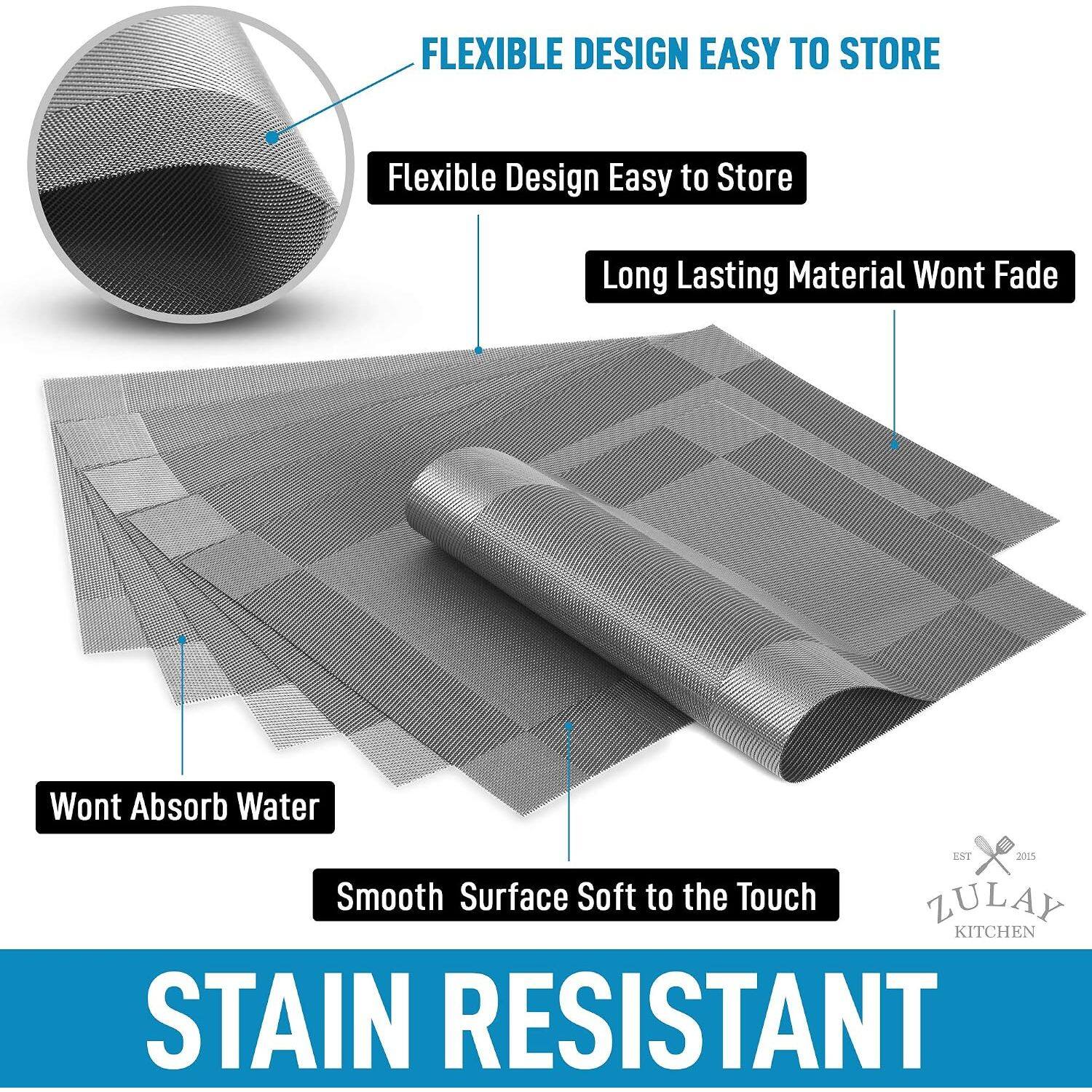 FLEXIBLE DESIGN EASY TO STORE  
Flexible Design Easy to Store  
Long Lasting Material Won't Fade  
Won't Absorb Water  
Smooth Surface Soft to the Touch  
ZULAY KITCHEN STAIN RESISTANT
