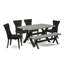 East West Furniture - X696GA124-6 6-Pc Dining Table Set - 4 Dining Chairs, a Dining Bench Cement Top and 1 Modern Cement - Multi-Color