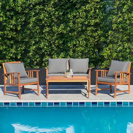 Front. Gymax - Gymax 4pcs Wooden Patio Furniture Set Table & Sectional Sofa Garden - Grey.