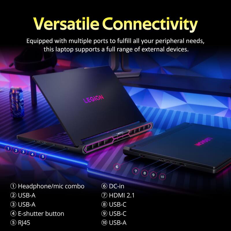 Versatile Connectivity  
Equipped with multiple ports to fulfill all your peripheral needs, this laptop supports a full range of external devices.  

1. Headphone/mic combo  
2. USB-A  
3. USB-A  
4. E-shutter button  
5. RJ45  
6. DC-in  
7. HDMI 2.1  
8. USB-C  
9. USB-C  
10. USB-A