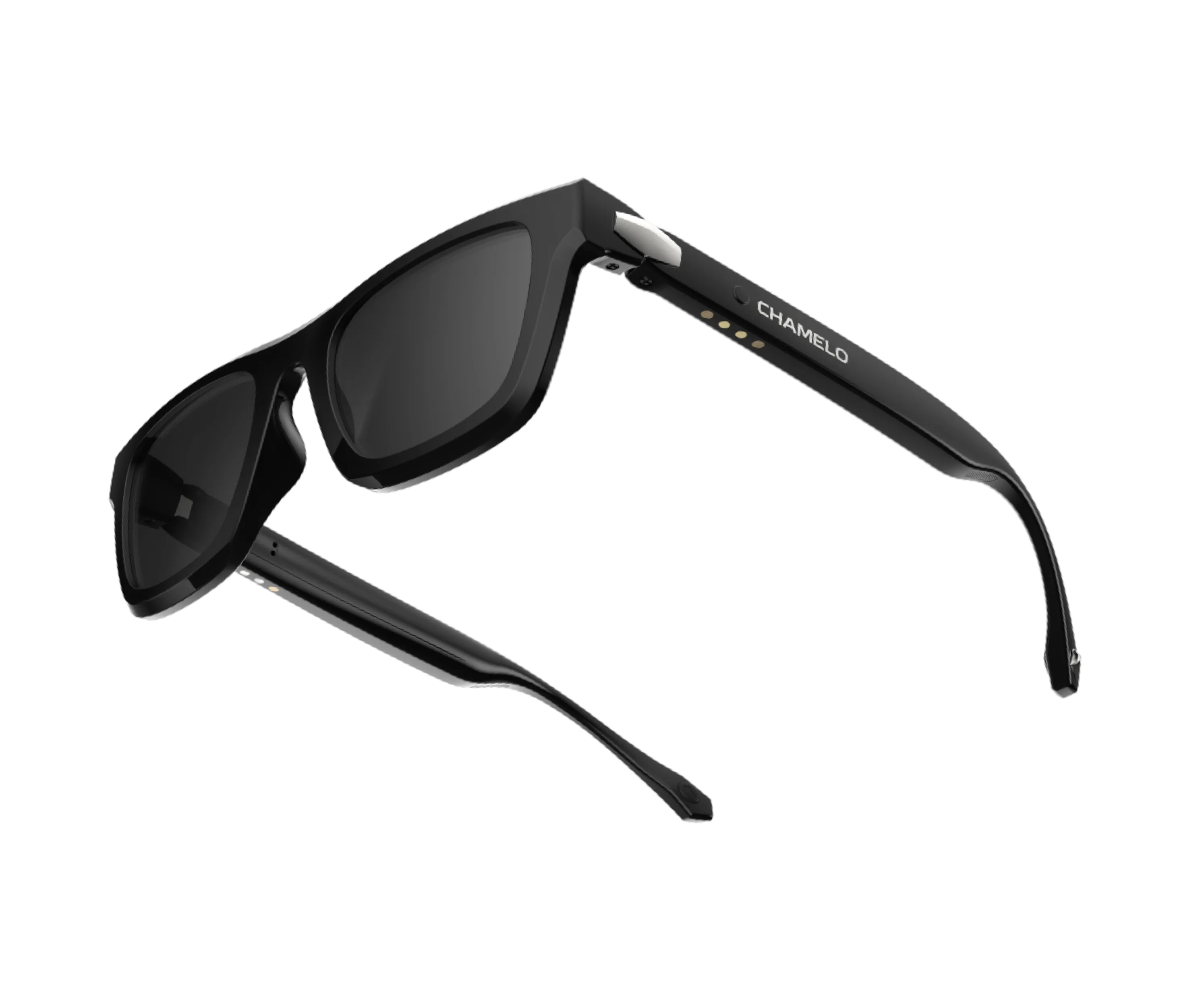 Angle. Chamelo - Lion City Audio Sunglasses with Instant Adjustable Tint - Glossy Black.
