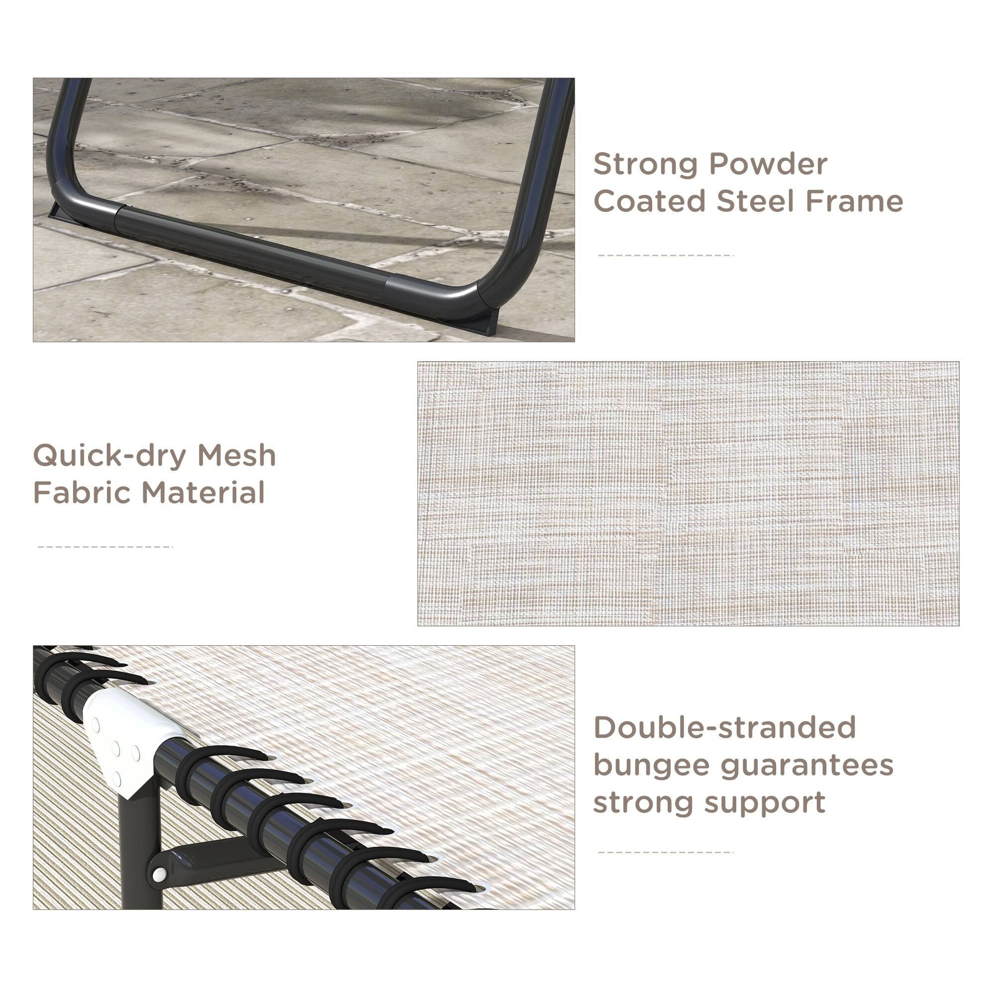 Strong Powder Coated Steel Frame, Quick-dry Mesh Fabric Material, Double-stranded bungee guarantees strong support