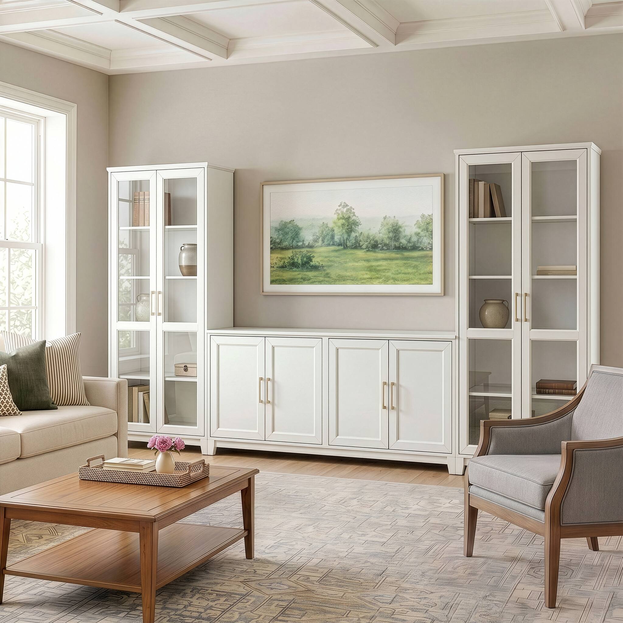 Alt View 5. Martha Stewart - 4 Door TV Stand with 2 Tall Media Cabinets - White Frame/Gold Hardware.