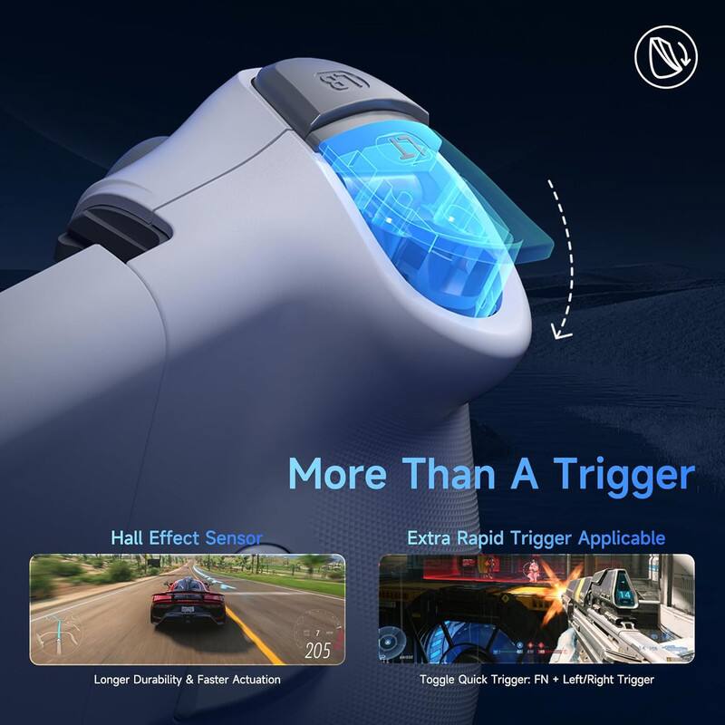 More Than A Trigger

Hall Effect Sensor  
Longer Durability & Faster Actuation

Extra Rapid Trigger Applicable  
Toggle Quick Trigger: FN + Left/Right Trigger