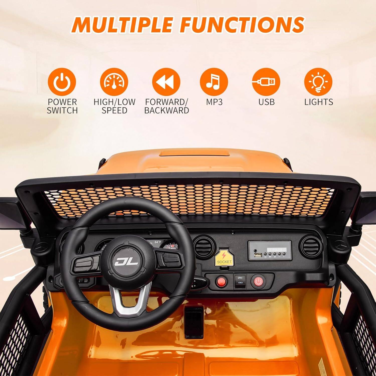 MULTIPLE FUNCTIONS

- POWER SWITCH
- HIGH/LOW SPEED
- FORWARD/BACKWARD
- MP3
- USB
- LIGHTS
- SOCKET