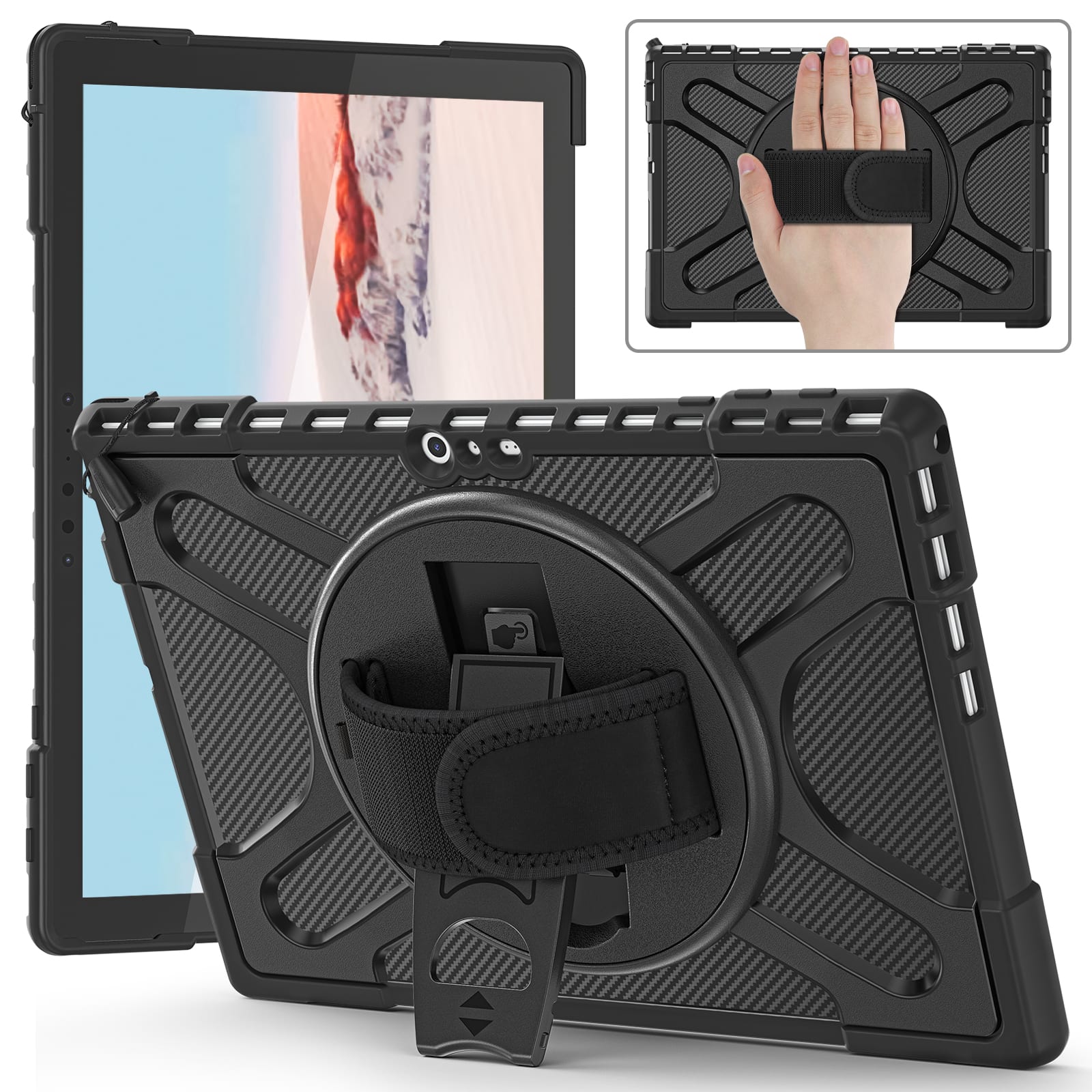 Dteck - Case for 12.3" Microsoft Surface Pro 7+, Pro 7, Pro 6, Pro 5, Pro LTE,Shockproof Rugged Case with Hand Strap Stand - Black