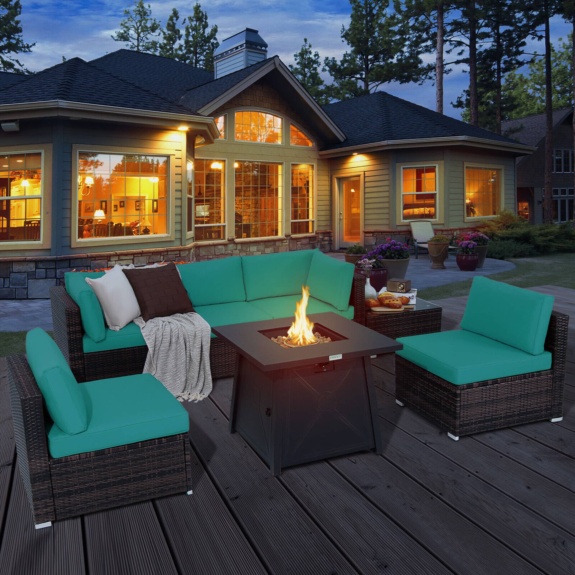 Gymax - 7PCS Rattan Patio Sectional Furniture Set w/ 30'' Fire Pit Table & Cushion - Turquoise price history on PriceWatchPro