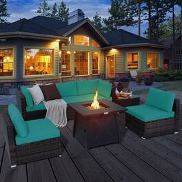 Gymax - 7PCS Rattan Patio Sectional Furniture Set w/ 30'' Fire Pit Table & Cushion - Turquoise