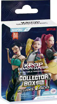 KPOP DEMON HUNTERS
KAYOU 8+ 3 MINI CARDS PER PACK
NETFLIX
KPOP DEMON HUNTERS TRADING CARDS COLLECTIBLE COLLECTOR SPECIAL BOX MINI EDITION 4 PACKS INCLUDES PEARL
WARNING - Small parts CHOKING HAZARD! under 3 years. Collectible Card Cards Not for children Mini
