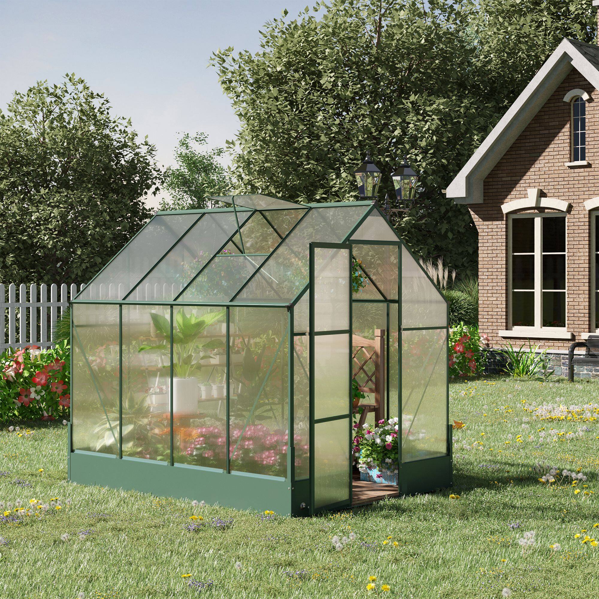 Alt View 1. Outsunny - 8' x 6' Greenhouse for Outdoors, Polycarbonate Greenhouse with Roof Vent and Rain Gutter - Transparent, green.