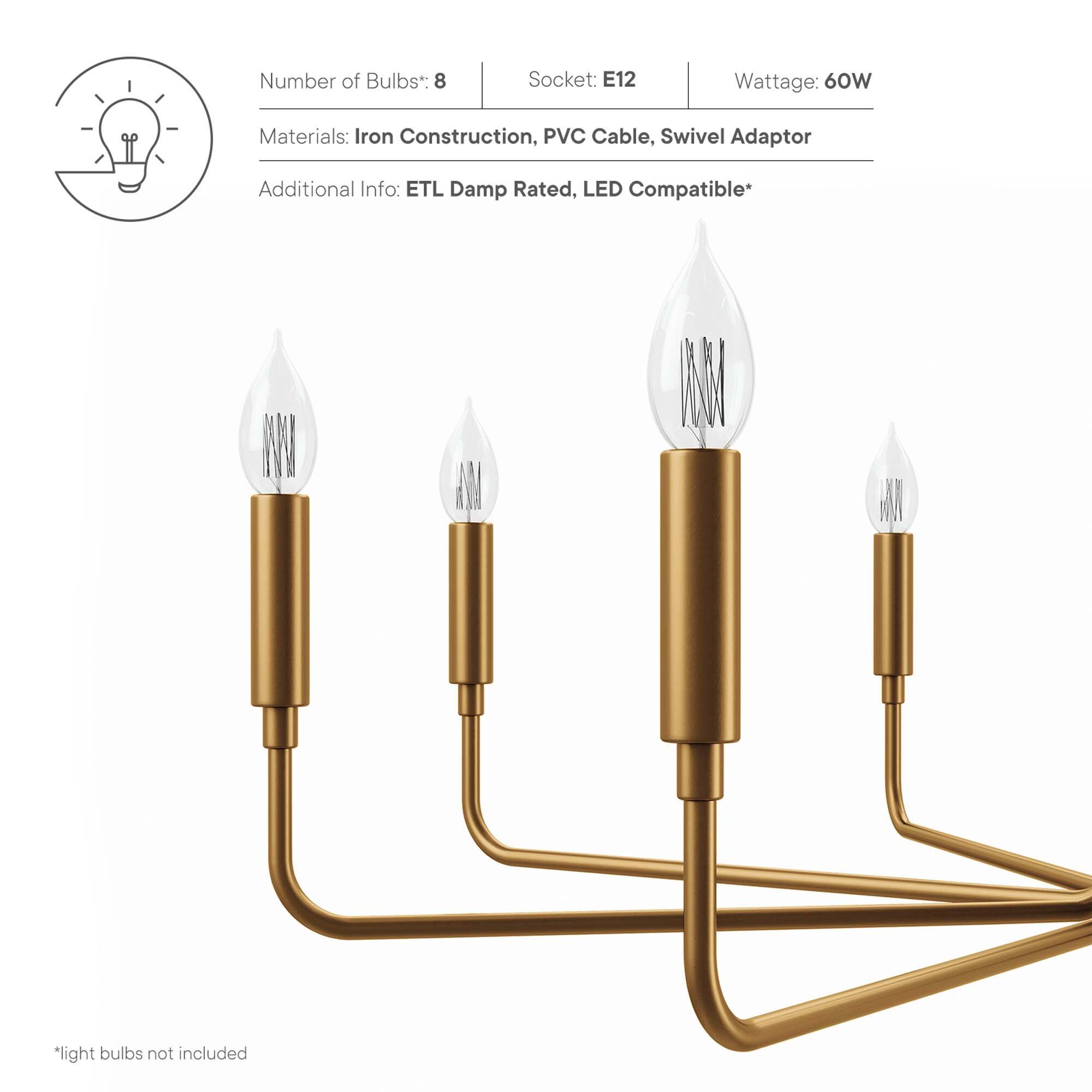 Number of Bulbs*: 8  
Socket: E12  
Wattage: 60W  

Materials: Iron Construction, PVC Cable, Swivel Adaptor  

Additional Info: ETL Damp Rated, LED Compatible*  

*light bulbs not included
