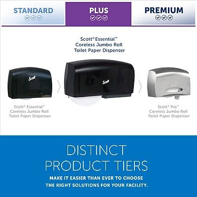 STANDARD  
Scott® Essential™ Coreless Jumbo Roll Toilet Paper Dispenser

PLUS  
Scott® Essential™ Coreless Jumbo Roll Toilet Paper Dispenser

PREMIUM  
Scott® Pro™ Coreless Jumbo Roll Toilet Paper Dispenser

DISTINCT PRODUCT TIERS  
MAKE IT EASIER THAN EVER TO CHOOSE THE RIGHT SOLUTIONS FOR YOUR FACILITY.