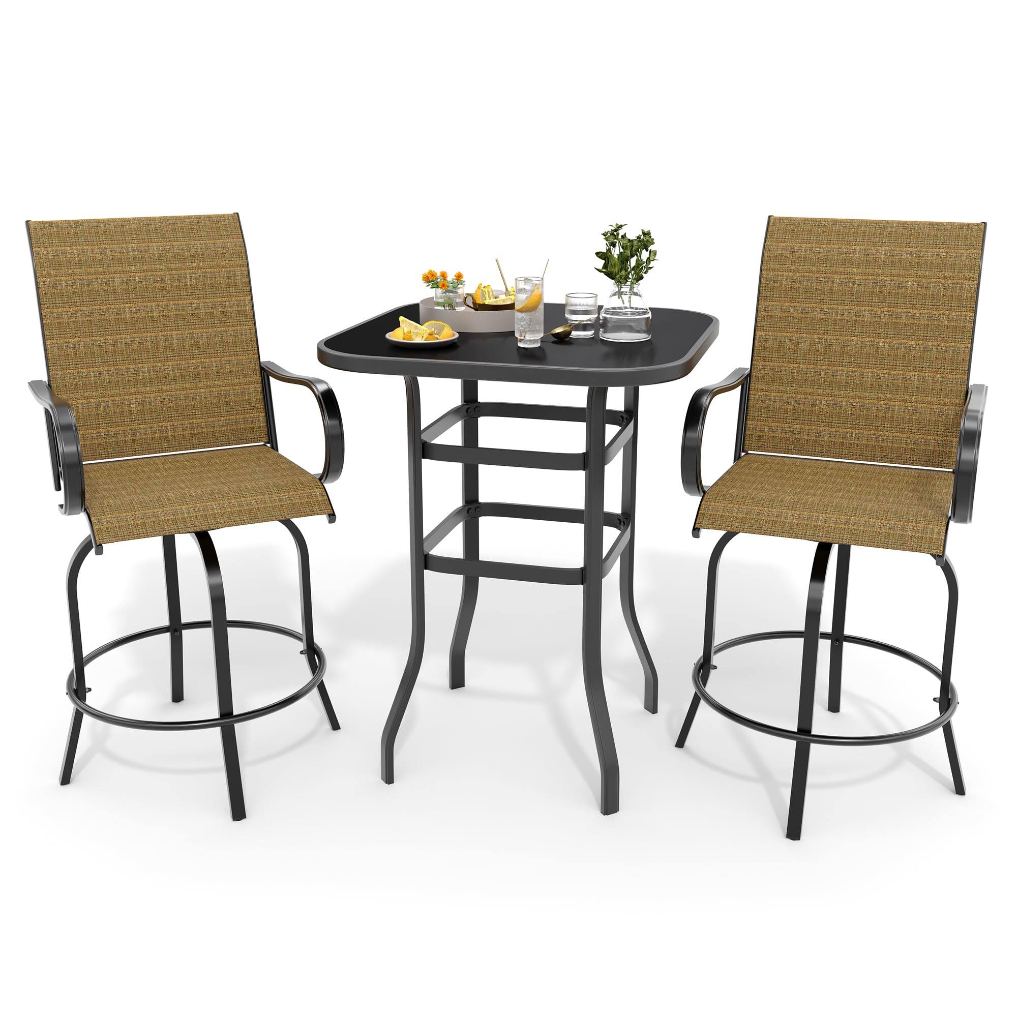 Front. Homhougo - 3 Piece Patio Swivel Bar Sets, 3PCS Outdoor High Top Bar Set with 2 Outdoor Swivel Chairs and Glass Bar Table - Gold.