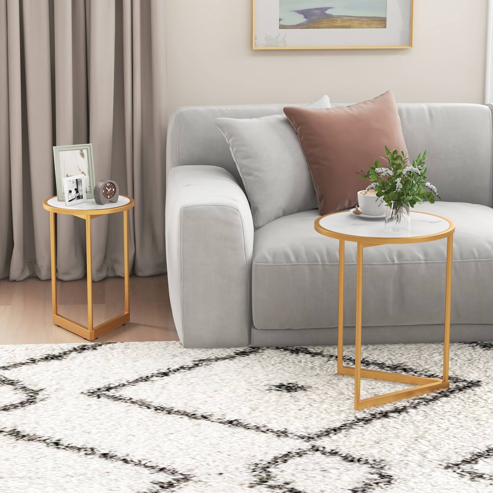 Alt View 7. Costway - Costway Round Nesting Table Set of 2 Modern Side End Table Space-saving V-shaped Base - White,Gold.