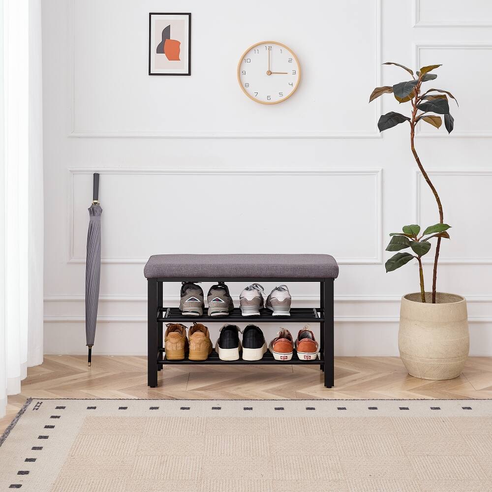 Back. Ropilly - Ropilly Modern Shoe Bench with Cushion Space Saving Entryway Storage Bench Metal Shoe Rack with Seat - Black.