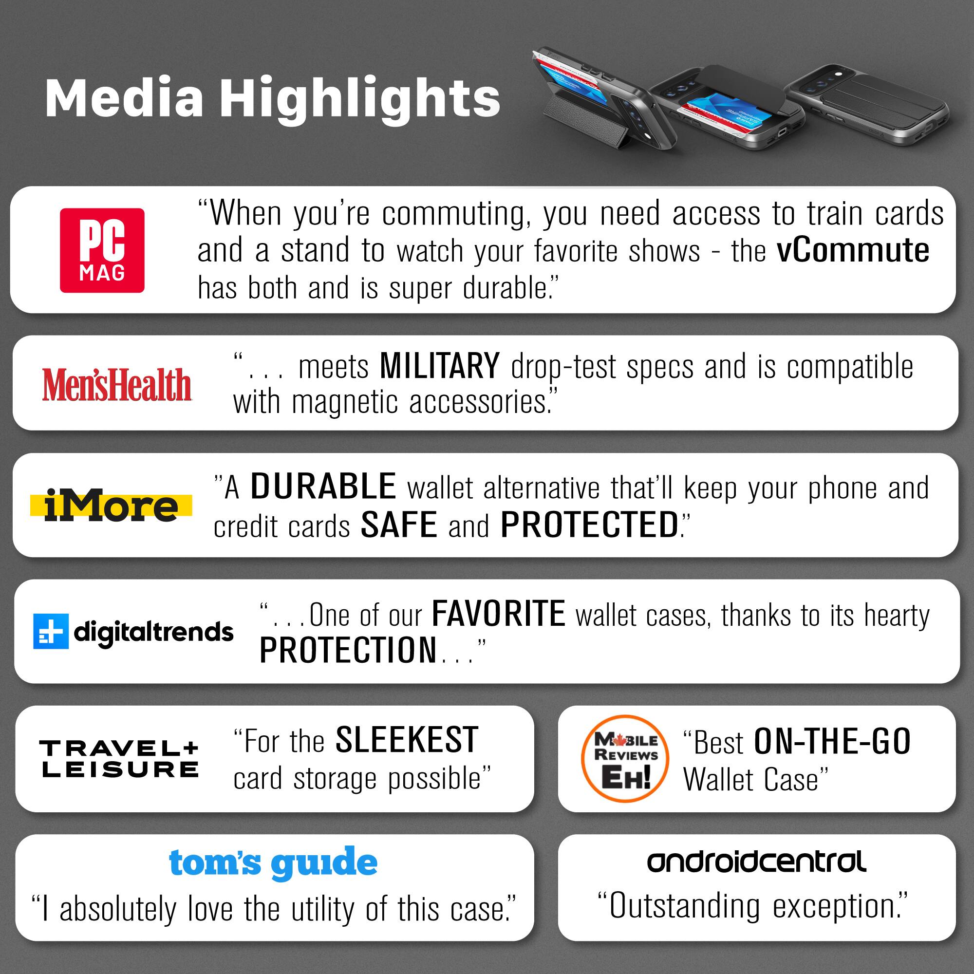 Media Highlights

PC MAG
"When you're commuting, you need access to train cards and a stand to watch your favorite shows - the vCommute has both and is super durable."

Men'sHealth
"... meets MILITARY drop-test specs and is compatible with magnetic accessories."

iMore
"A DURABLE wallet alternative that'll keep your phone and credit cards SAFE and PROTECTED."

digitaltrends
"... One of our FAVORITE wallet cases, thanks to its hearty PROTECTION ..."

TRAVEL+ LEISURE
"For the SLEEKEST LEISURE card storage possible"

MOBILE REVIEWS EH!
"Best ON-THE-GO Wallet Case"

tom's guide
"I absolutely love the utility of this case."

androidcentral
"Outstanding exception."