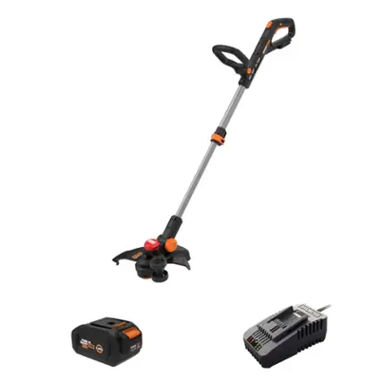 The image features a lawn mower, a power tool, and a charger. The lawn mower is a gas-powered machine with a handle and wheels. The power tool is a handheld device, possibly a drill or a saw, which can be used for various tasks. The charger is a device that replenishes the batteries of the power tool, ensuring it remains functional and ready for use.