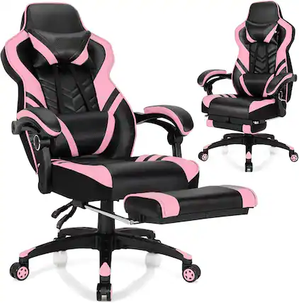 Front. Costway - Costway Office Computer Desk Chair Gaming Chair Adjustable Swivel w/Footrest - Pink.