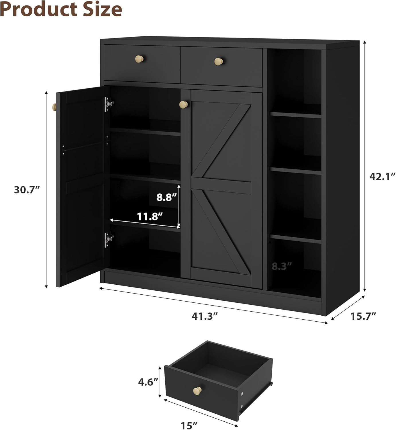 Product Size  
30.7" x 41.3" x 42.1"  
8.8" x 11.8" x 8.3"  
4.6" x 15" x 15.7"
