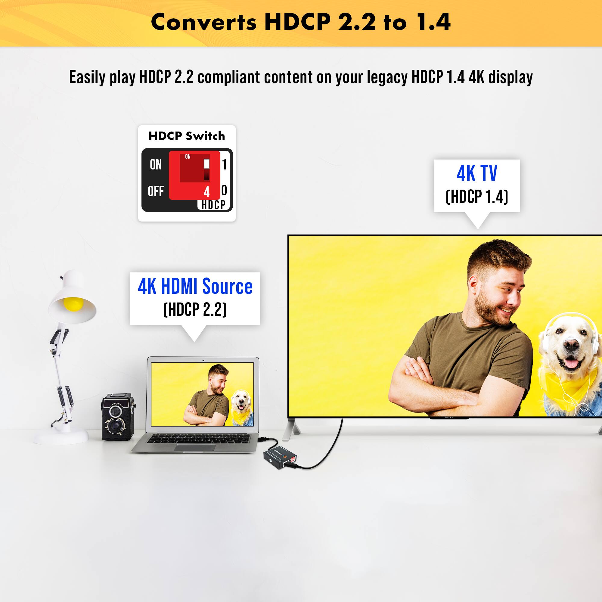 Converts HDCP 2.2 to 1.4

Easily play HDCP 2.2 compliant content on your legacy HDCP 1.4 4K display

HDCP Switch
ON OFF
HDCP

4K HDMI Source (HDCP 2.2)

4K TV (HDCP 1.4)