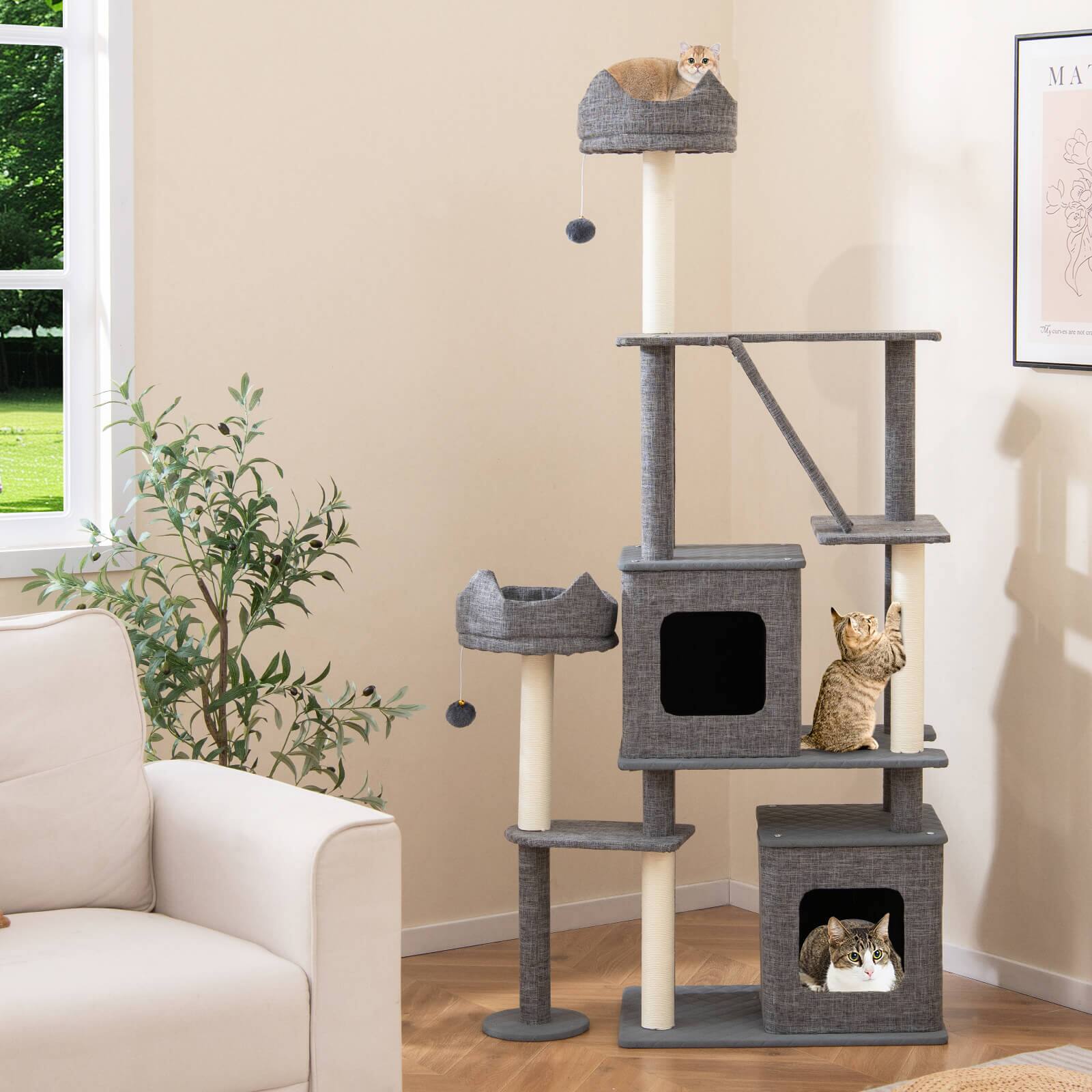 Alt View 3. Costway - Costway 71" Tall Cat Tree Multi-Level Large Cat Tower w/ Scratching Posts for Indoor Adult Cats & Kittens - Gray.
