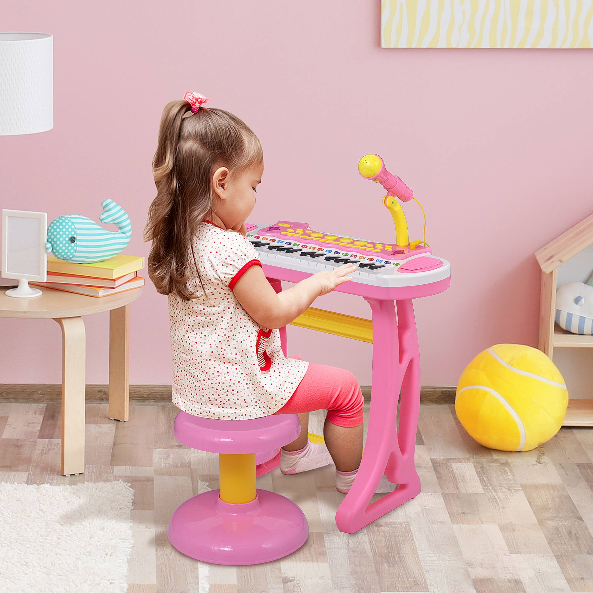 Angle. Qaba - Kids Toy Keyboard Piano Toddler Electronic Instrument with Stool, Microphone and Bright Flashlight.