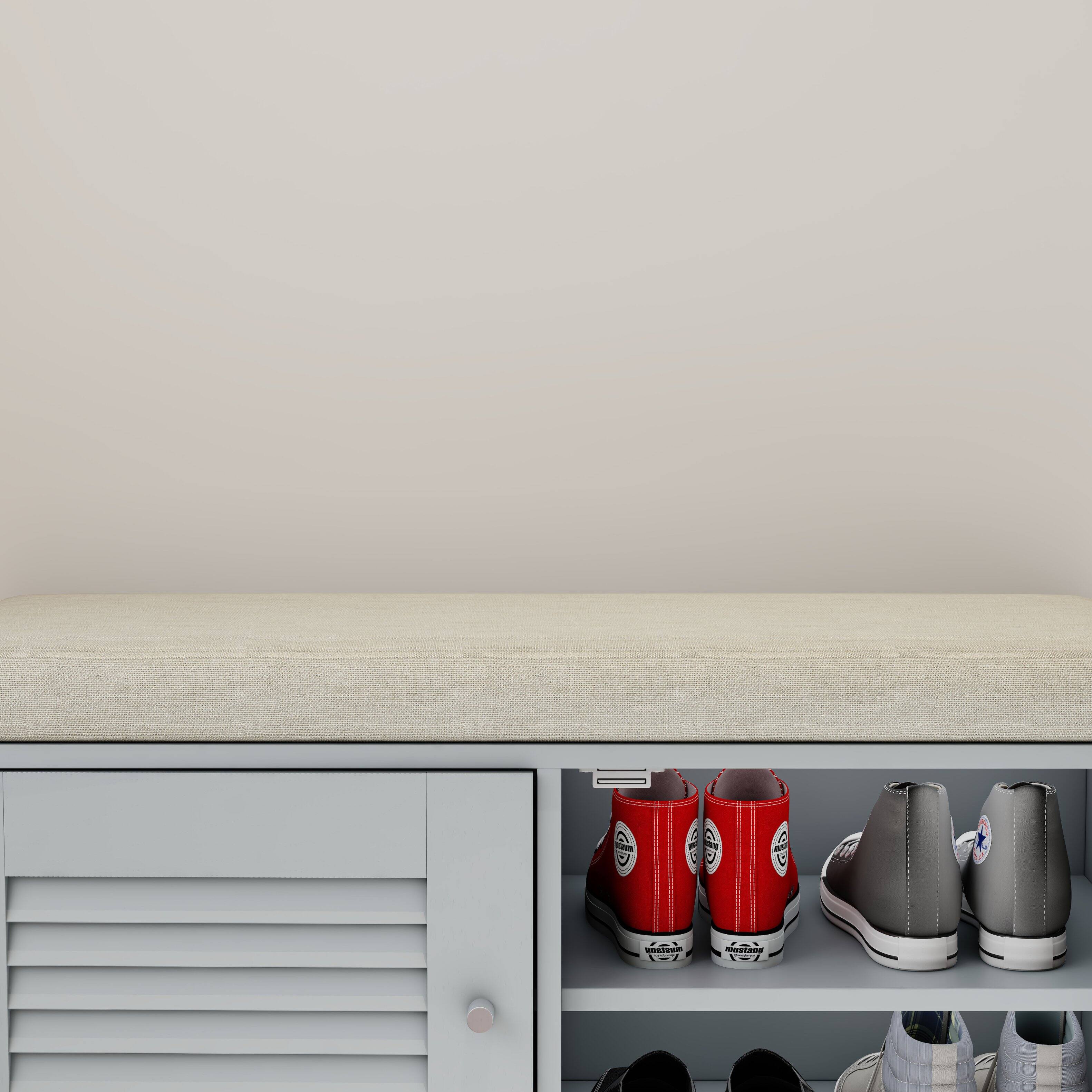 Back. TinyHomie - 28.74in Shoe Storage Bench with 2 Door Cabinet Grey Shoe Storage Shoe Bench with Cushion Adjustable Shelves - Grey.