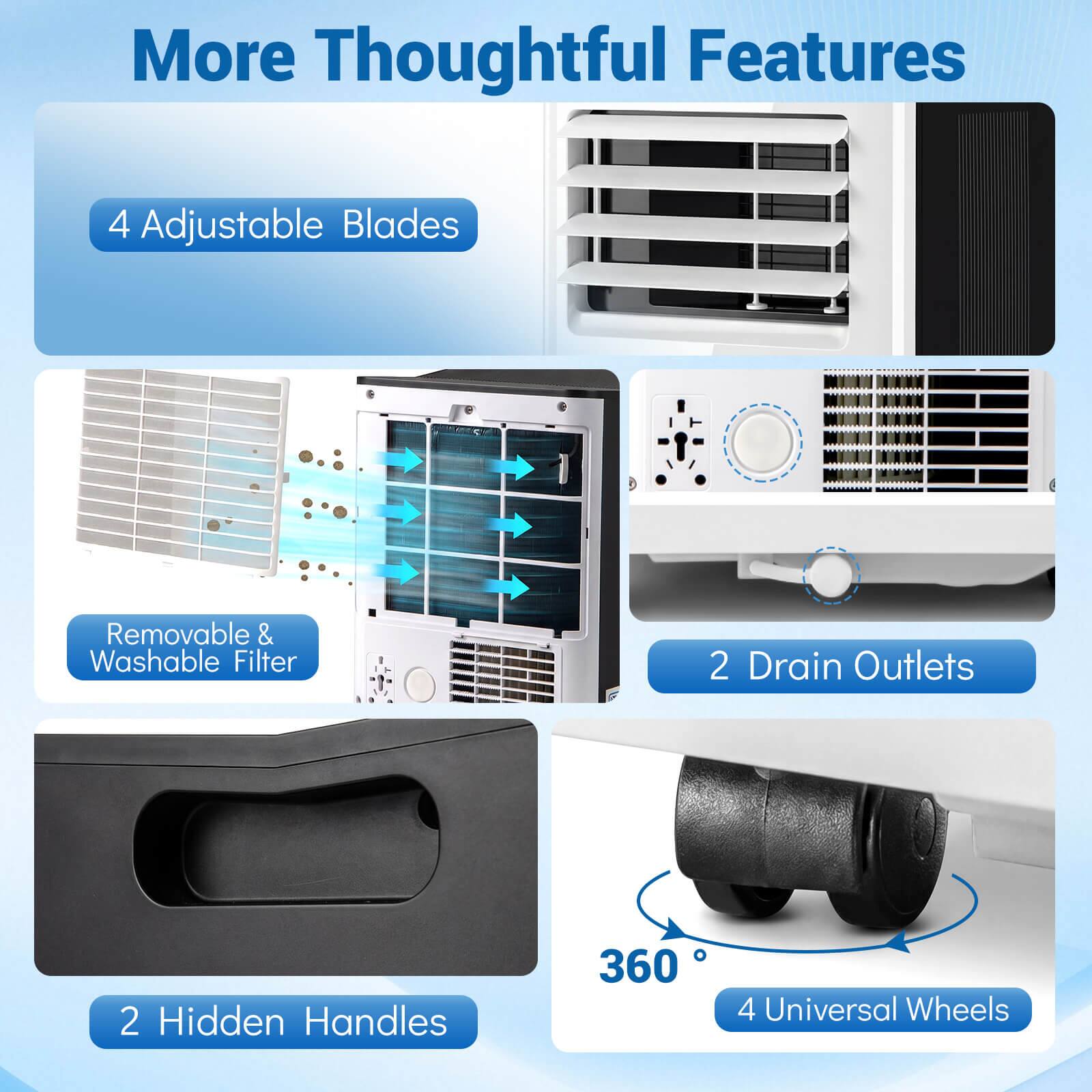 More Thoughtful Features

- 4 Adjustable Blades
- Removable & Washable Filter
- 2 Drain Outlets
- 2 Hidden Handles
- 360°
- 4 Universal Wheels