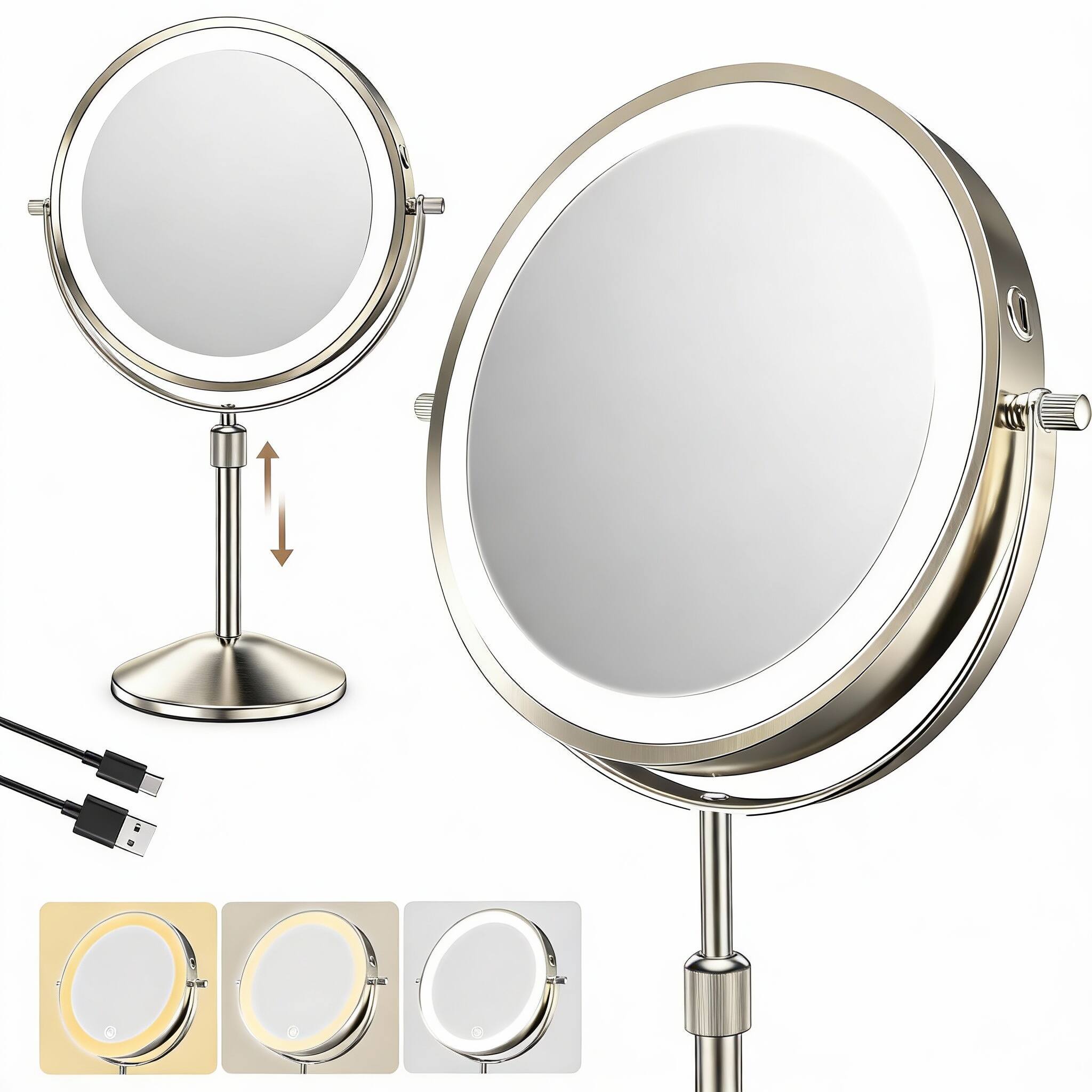 Front. PO3TICJUNKI3 - Professional Rechargeable Lighted Makeup Mirror 10x sided Mirror Adjustable Height Brightness High - Default.