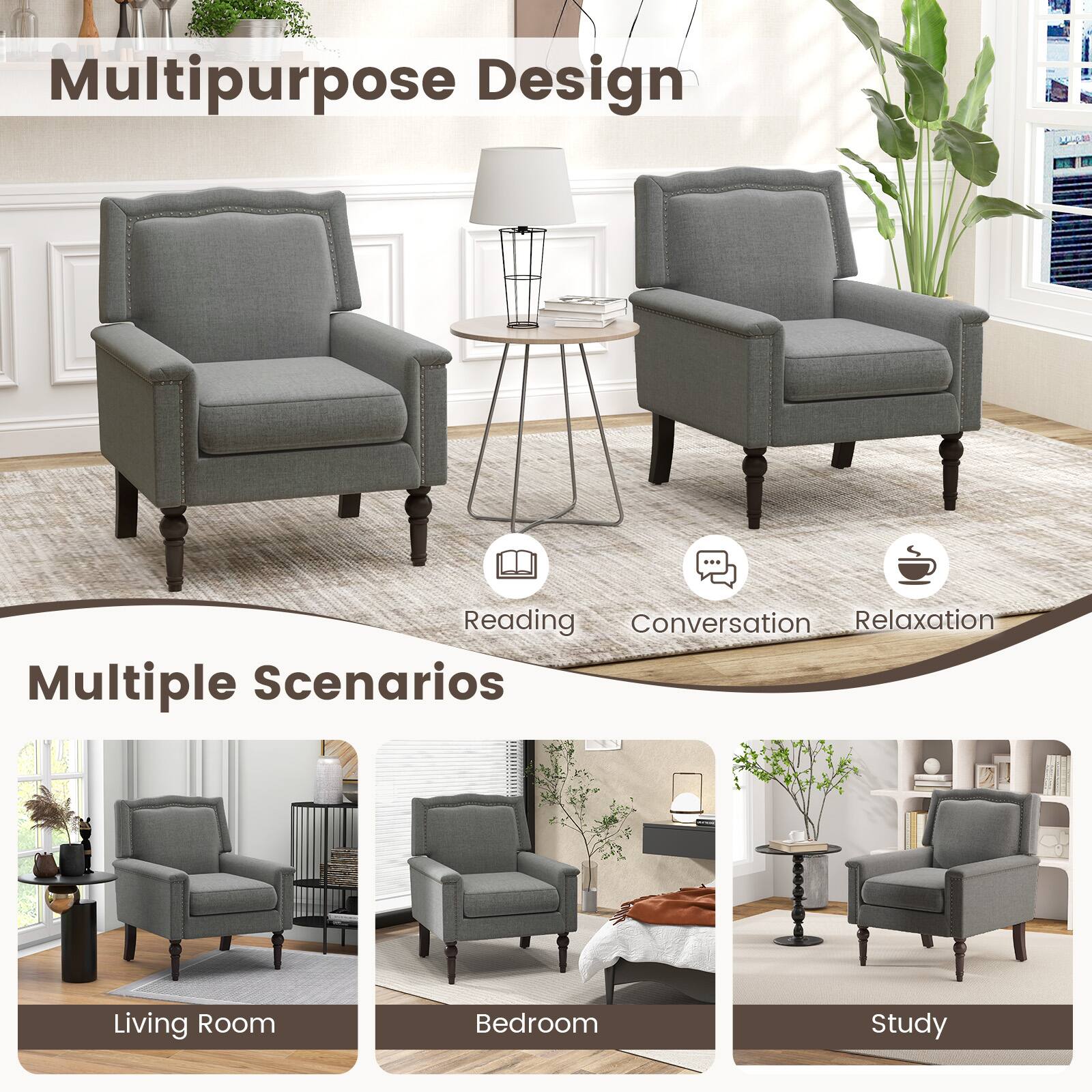 Multipurpose Design

Multiple Scenarios

Living Room
Bedroom
Study

Reading
Conversation
Relaxation