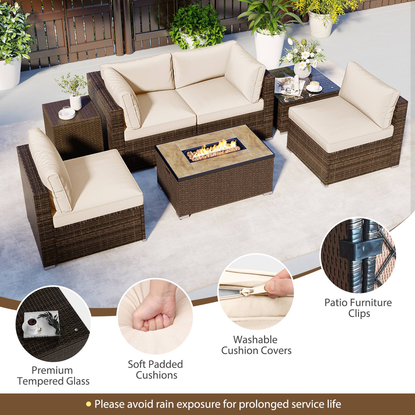 Patio Furniture Clips  
Premium Tempered Glass  
Soft Padded Cushions  
Washable Cushion Covers  

Please avoid rain exposure for prolonged service life