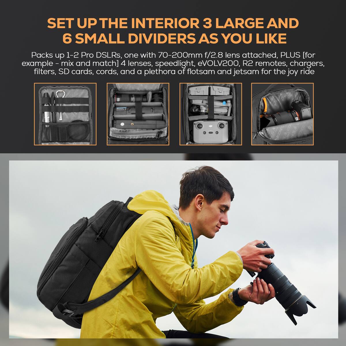 SET UP THE INTERIOR 3 LARGE AND 6 SMALL DIVIDERS AS YOU LIKE

Packs up 1-2 Pro DSLRs, one with 70-200mm f/2.8 lens attached, PLUS [for example - mix and match] 4 lenses, speedlight, eVOLV200, R2 remotes, chargers, filters, SD cards, cords, and a plethora of flotsam and jetsam for the joy ride