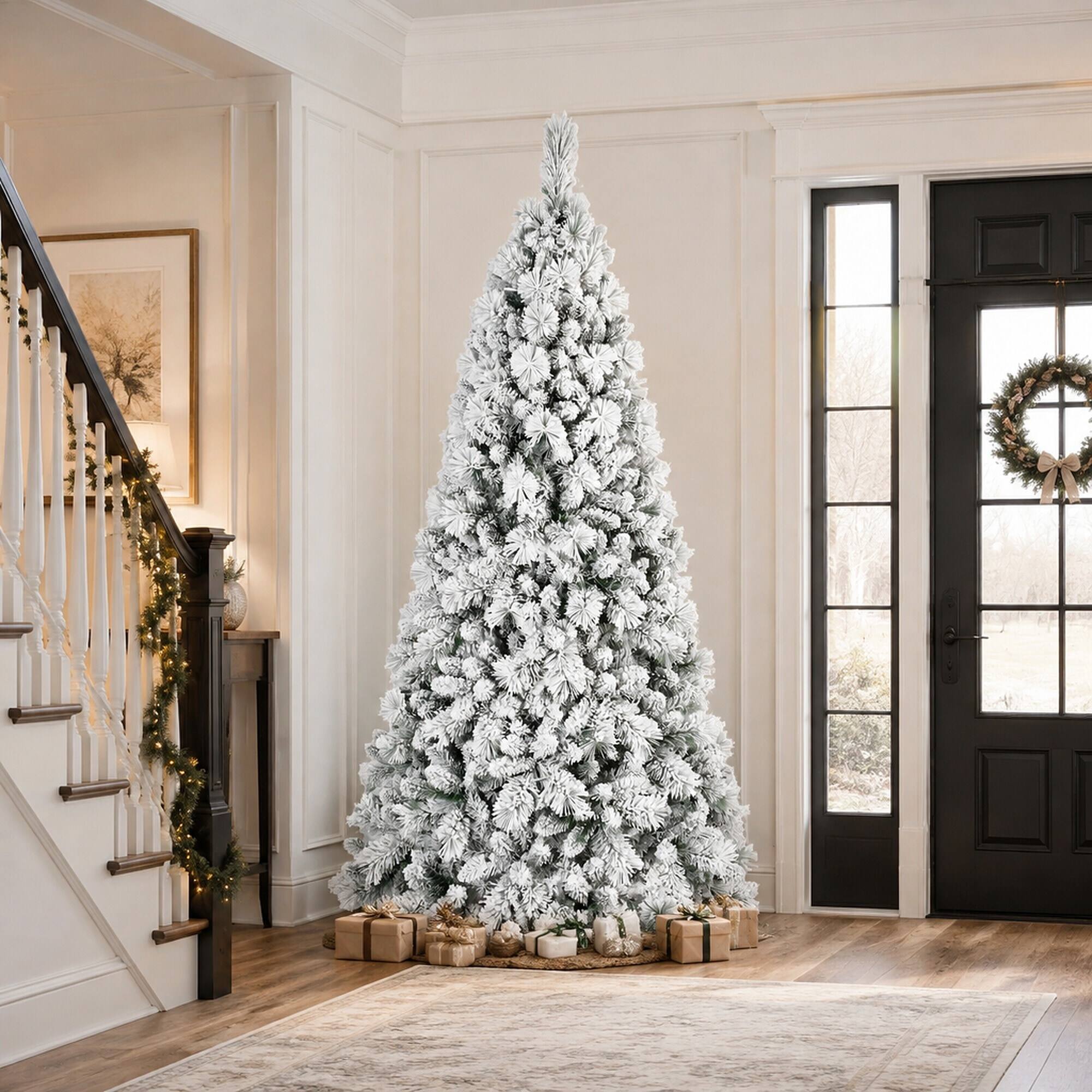 Alt View 1. RYHNUYNE - 7.5FT Flocked Christmas Tree, 1252 Snowy PVC Hard Needle Branches Hinged Design Easy Setup Stable Metal Stand - Green,White.