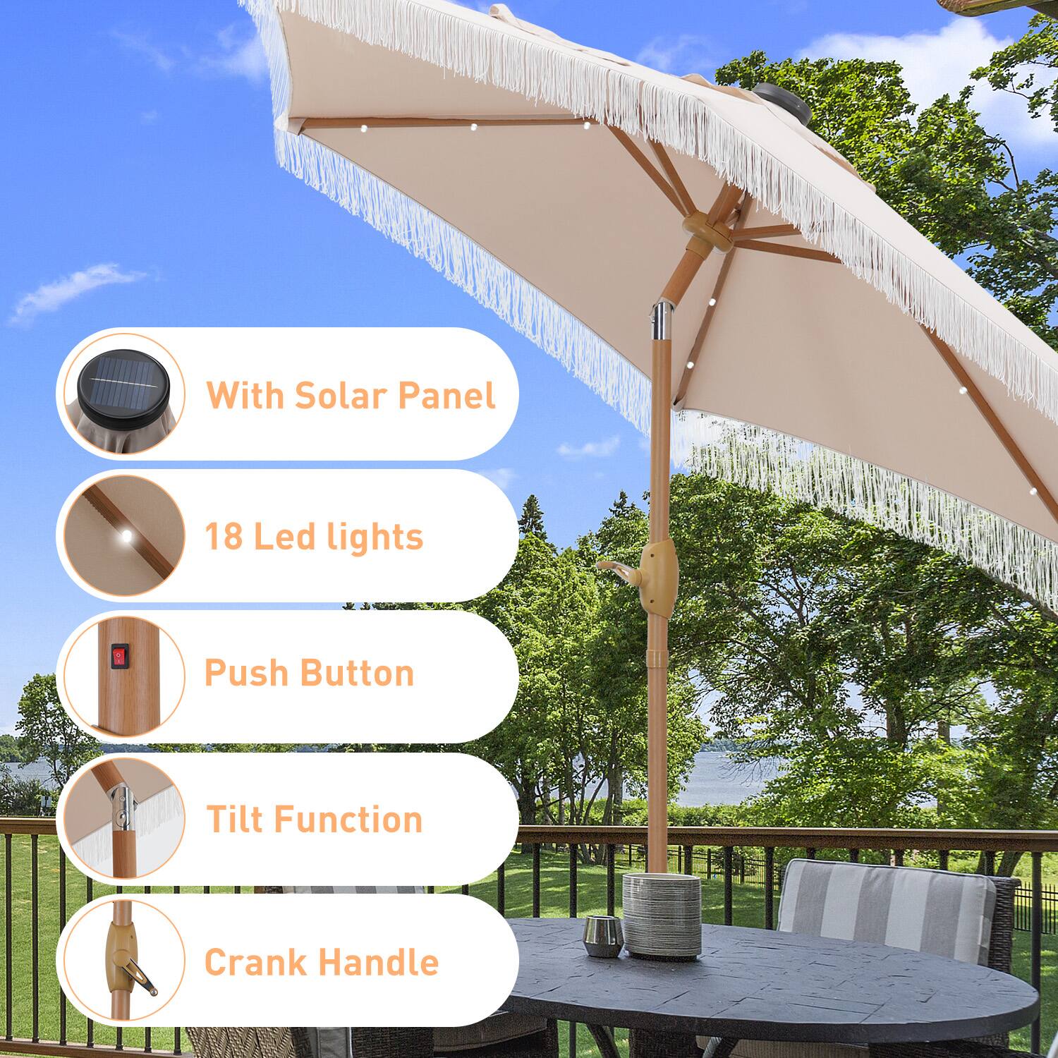 With Solar Panel  
18 Led lights  
Push Button  
Tilt Function  
Crank Handle