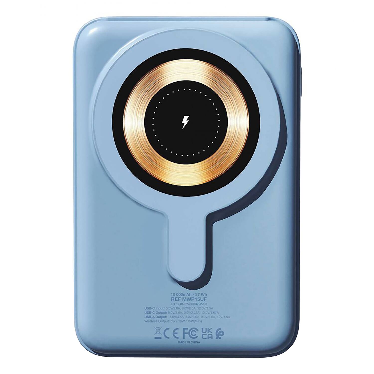 10,000mAh - 37 Wh  
REF MWP15UF  
LOT 00-P2400037-2203  

USB-C Input: 5.0V/2.0A  
USB-C Output: 5.0V/2.22A, 12.0V/1.67A  
USB-A Output: 5.0V/4.5A  
Wireless Output: 5V/2.0A, 12V/1.5A  

CE, FCC, UK, CA  
MADE IN CHINA