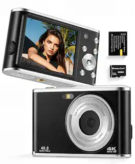Sugift - Digital Camera 48MP 4K Autofocus 16X Zoom Anti-Shake Dual Camera Webcam With 32GB Card - Black