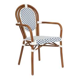 Emma + Oliver - Colmar Indoor/Outdoor Stacking Thonet Bistro Style Chair with Arms, PE Rattan Seat and Finished Metal Frame - White & Navy/Natural Frame