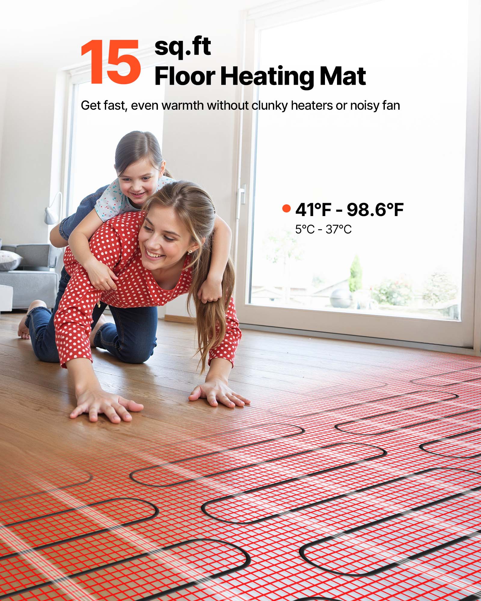 15 sq.ft Floor Heating Mat  
Get fast, even warmth without clunky heaters or noisy fan  

41°F - 98.6°F  
5°C - 37°C