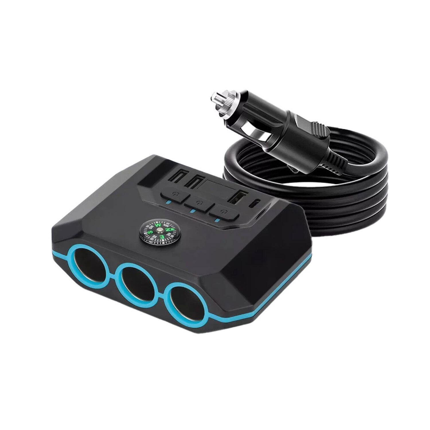 Front. Stock Preferred - 3-Socket 12V/24V Car Cigarette Lighter Splitter with 3 USB Ports & PD20W – 120W Power Adapter.