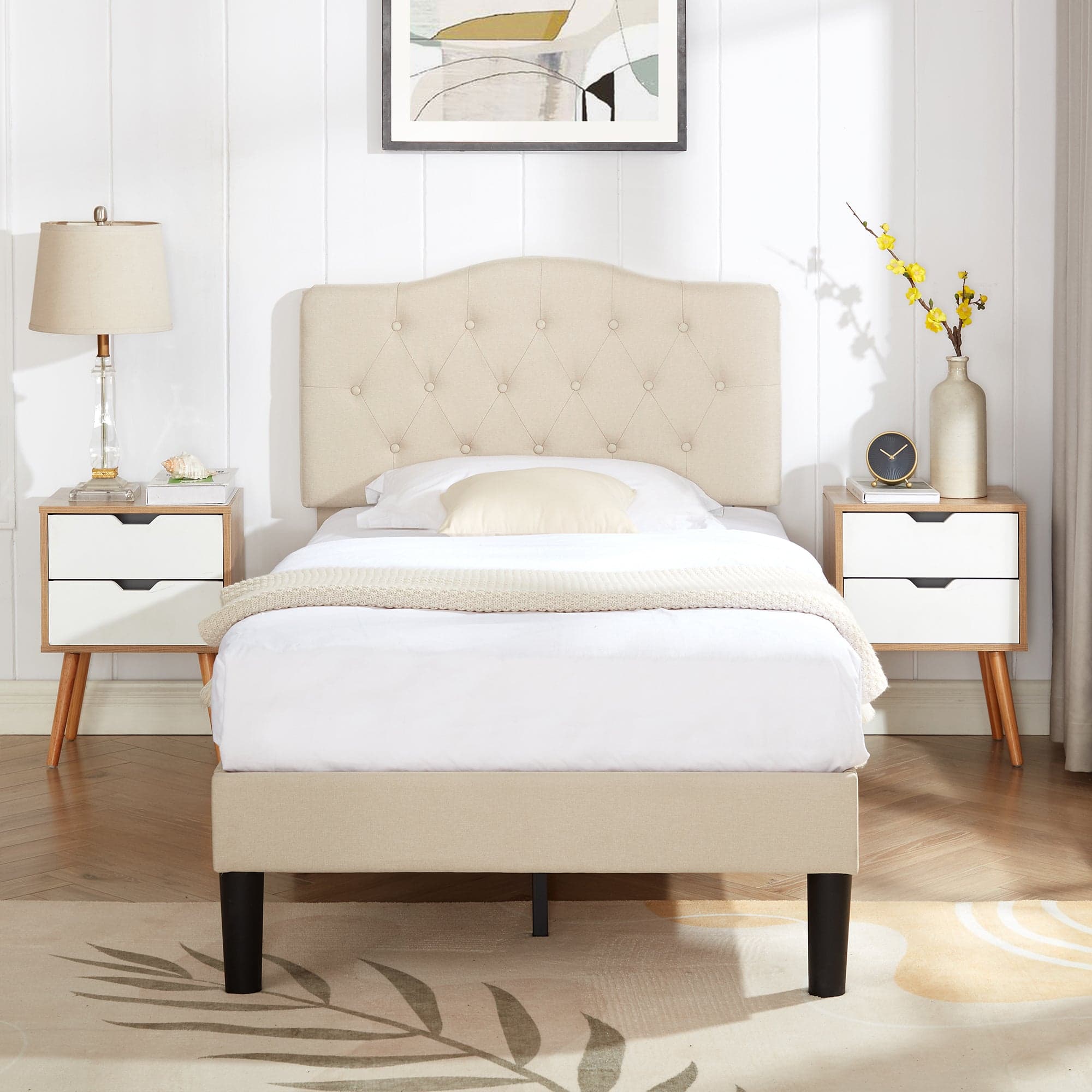 Vecelo - Queen Upholstered Platform Bed Frame with Adjustable Tufted Headboard, Heavy-Duty Metal & Wood Slats, Noise-Free Design - Beige