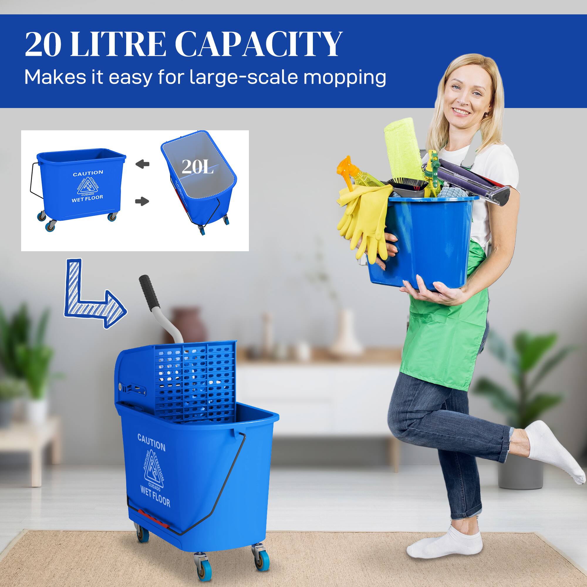 20 LITRE CAPACITY  
Makes it easy for large-scale mopping  

CAUTION  
WET FLOOR  

20L